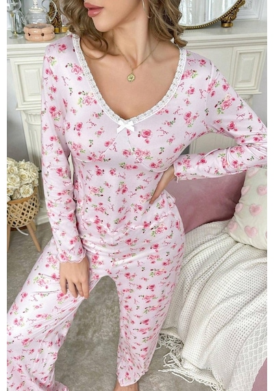 Bella Notte Romantik Pamuklu Dantel Detaylı Uzun Pijama Takımı Pembe