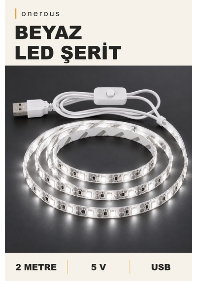 Onerous 2 M 5v Beyaz Led Şerit, Anahtarlı, Usb