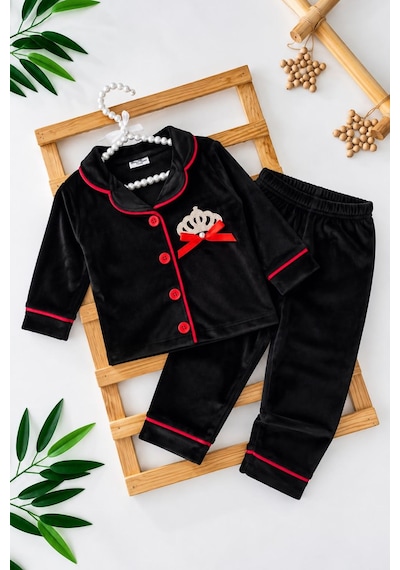 Minigimin Cicileri Taç İşleme Detaylı Kadife Kız Çocuk Pijama Takımı - Siyah