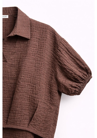 Mixray 4901 Kadın Polo Yaka Yarım Patlı Kraş Dokulu Crop Gömlek Kahve