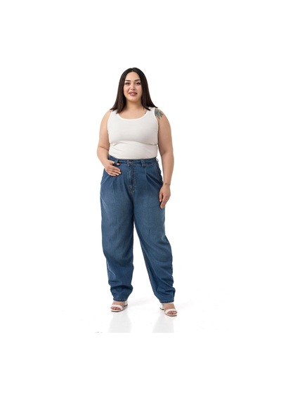 Disentis Büyük Beden Önü Pileli Yarım Balon Kesim Beli Arkadan Lastikli Cepli Denim Mavi Pantolon Mavi