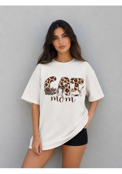Montree Kedi Cat Mom Baskılı Oversize %100 Pamuk Premium Tişört Beyaz