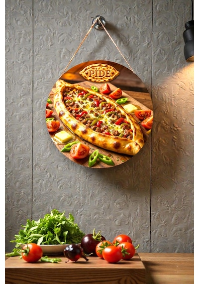Pide Görselli İpli Ahşap Kapı Duvar Süsü, Fırın Restoran Mutfak Dekoratif Tablo