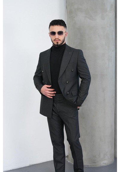 Dupont Classics Dupont Slim Fit Sivri Yaka 6 Drop Çift Yırtmaç Çizgili Viskon Kruvaze Erkek Takım Elbise Antrasit - Gri