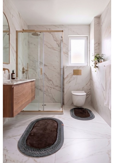 Banyo Paspası Takımı 60x100+40x60 Cm İç Trikot Acı Kahve & Antrasit Gri