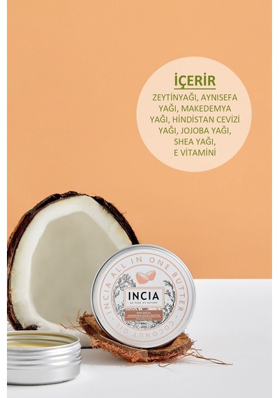 INCIA %100 Doğal Tüm Vücut İçin Butter Yoğun Nemlendirici Krem Hindistan Cevizli Organik Vegan 50 ML