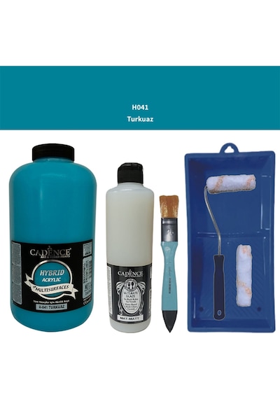 Mobilya Boyası-cadence Multisurface H-041 Turkuaz 2000ml Ultimate Vernik Mat 500ml Saten Rulo Set Turkuaz