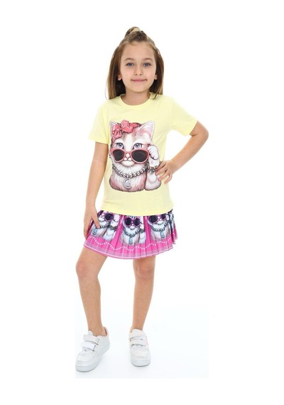 My Kids Wear Sevimli Kedi Etek Tişört Kahverengi - Beyaz