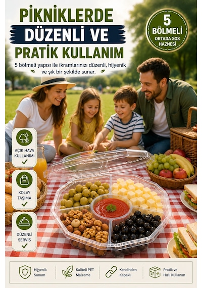 10'lu Sekizgen 5 Bölmeli Kendinden Kapaklı Pet Gıda Kabı 900 Cc Şeffaf Sızdırmaz Sunum Kabı 23 Cm Set
