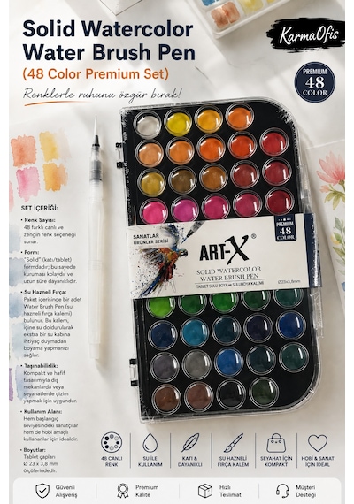 Art-x 48 Renk Solid Suluboya Seti Su Hazneli Fırça Kalemli Profesyonel Tablet Boya Krem