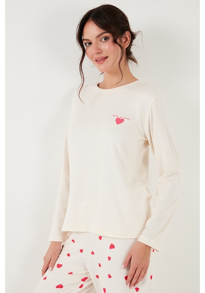 Lela Streç Regular Fit Beli Lastikli Bisiklet Yaka Bayan Pijama Takımı 65714101 Ekru