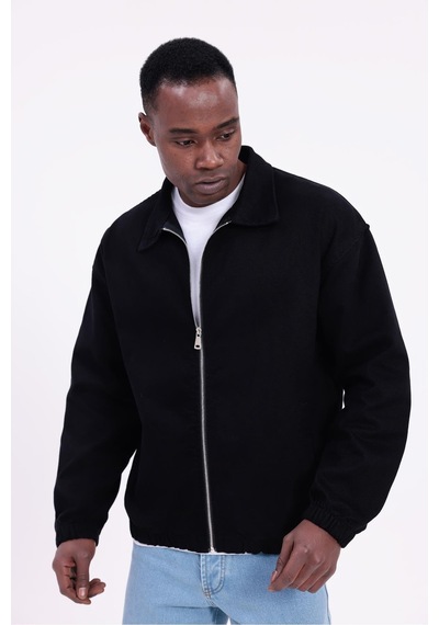 Freemen Erkek Basic Gabardin Kumaş Fermuarlı Oversize Mevsimlik Polo Yaka Ceket Siyah