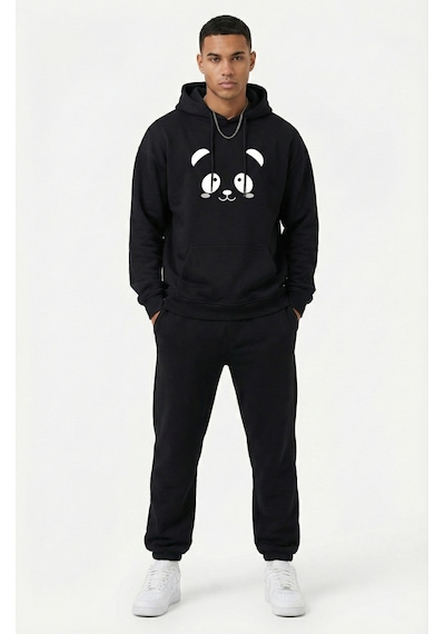 Nevermind Unisex Sevgili Çift Kombini Oversize Panda Baskılı Çift Hoodie Siyah