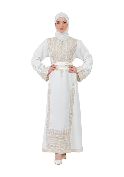 Zaytoon Filistin Nakışlı Modern Beyaz Kaftan Elbise - Geleneksel Şıklık Altın