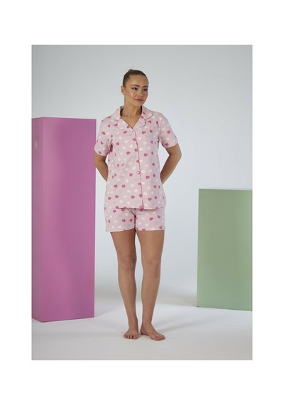 Estiva Kadın Yazlık Kalp Desenli Önden Düğmeli Şortlu Penye Lycra Pijama Takımı PEMBE