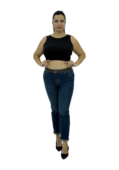 Büyük Beden Denim Toparlayıcı Kemerli Yüksek Bel Boru Paça Kadın Pantolon Mavi