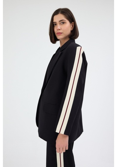 Diemmood Kadın Yan Şerit Detaylı Oversize Blazer Ceket & Palazzo Siyah Takım