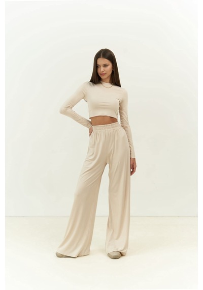Mai Collection Mai Studios Co. Jany Uzun Kollu Bej Crop Pantolon Takım Bej