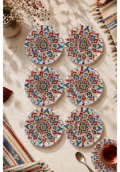 6 Lı Cam Çay Tabağı - Etnik Kilim Desenli 12 Cm - 6 Adet Çay Tabak Çok Renkli