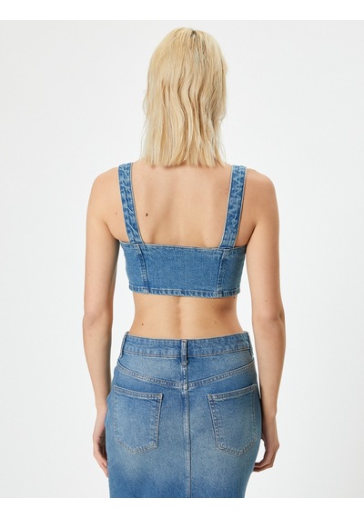 Koton Koton X Melis Ağazat - Kot Crop Büstiyer Düğmeli Askılı Orta İndigo 4sal30045md