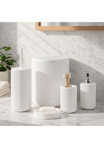 Perotti 33031500001-1 5 Parça Yuvarlak Banyo Seti - Çöp Kovası, Sabunluk, Diş Fırçalığı Ve Silikon Wc Fırçası Beyaz Beyaz