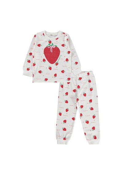 Civil Girls Civil Kız Çocuk Çilek Desenli Pijama Takımı Süprem-süprem Uzun Kol Okul Kreş Ve Günlük Kullanım - Ekru