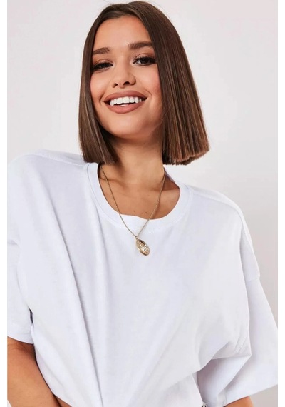 Startmore Beyaz %100 Pamuk Bisiklet Yaka Oversize Crop T-shirt Beyaz