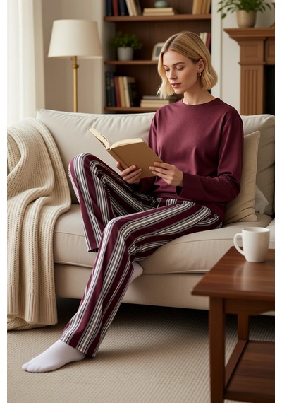 Benerly Kadın Bisiklet Yaka Uzun Kol Standart Kalıp Çizgili Örme Pijama T bordo