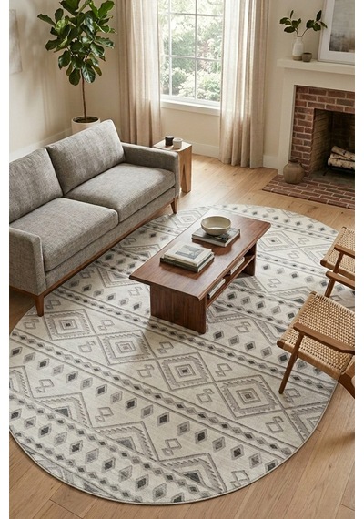 Raschel Carpet Oval Premium Yıkanabilir Leke Tutmaz Modern Kilim Etnik Desen Gri Özel Seri Kaymaz Taban Halı Çok Renkli