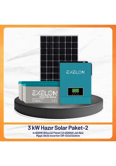 3 Kw Hazır Solar Paket - 2 4x600w Bifacial Panel + 2x200ah Jel Akü + Mppt Akıllı Inverter Off-grid Güneş Enerji Sistemi