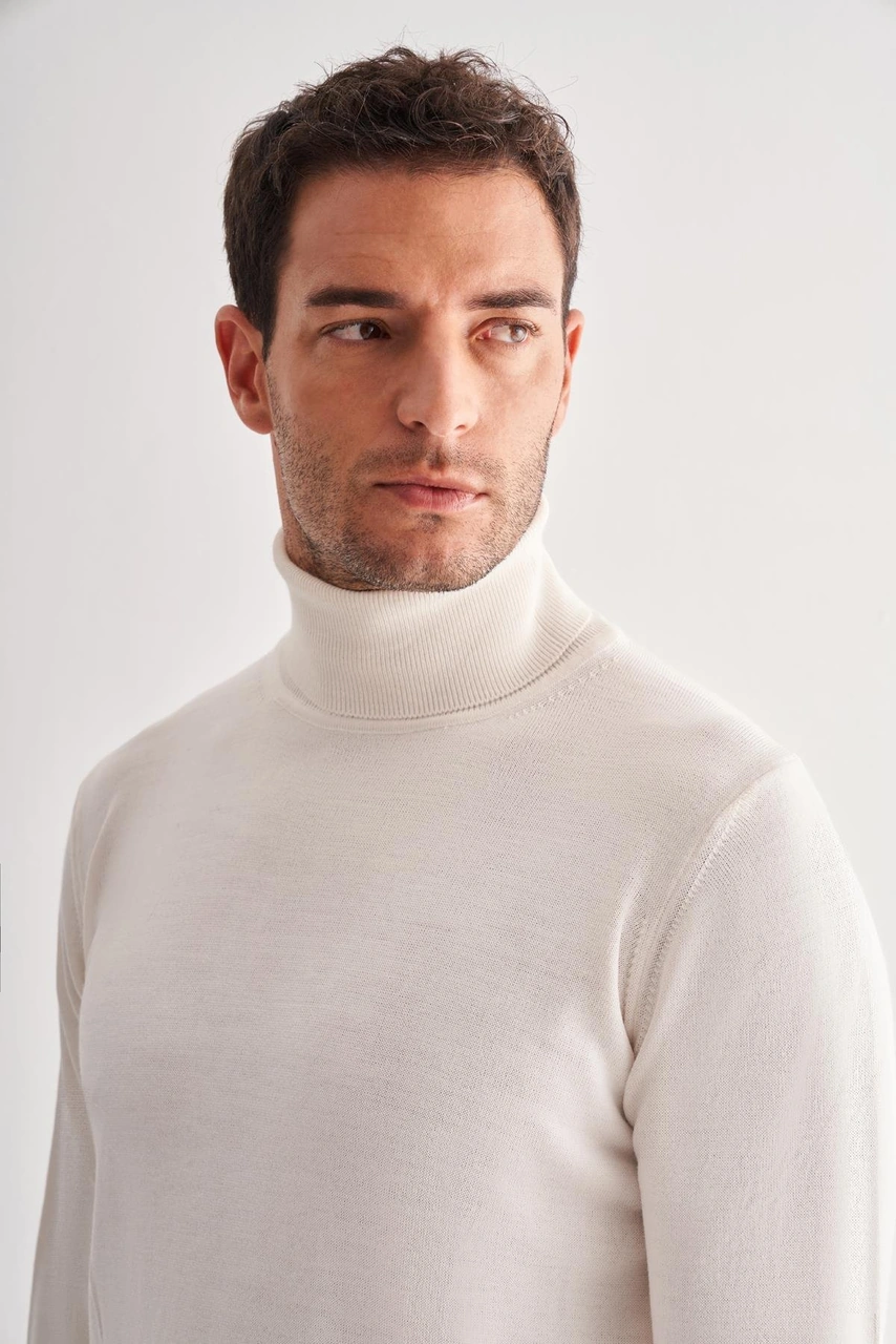 İmza Krem Balıkçı Yaka Cepsiz Comfort Fit Classic Yünlü Triko Kazak 1012255004 Krem
