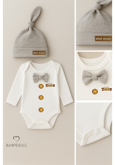Babyden's Mini Boss Papyonlu Erkek Bebek Body Seti Şapkalı Yenidoğan Bebek Body-zıbın Takım Gri