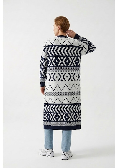 Neden Tekstil Kadın Oversize Triko Uzun Hırka Geometrik Desen - Beyaz-laci