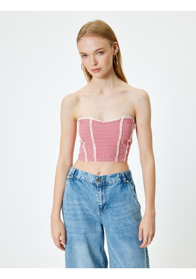 Koton Straplez Büstiyer Pötikareli Crop Kolsuz Gipeli Dantel Detaylı Slim Fit Kırmızı Ekose 4sal30066ıw Kırmızı