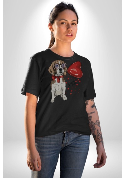 Poodle Ve Beagle Sevililer Günü Hediyesi Unisex Unisex Siyah Organik Baskılı T-shirt Penye Yüksek Kalite Siyah
