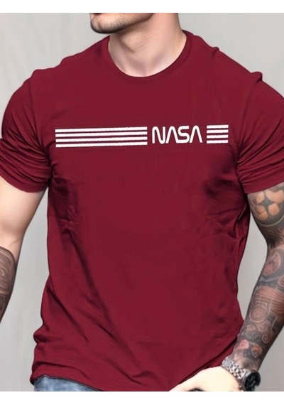 Valensdesign Erkek Kısa Kollu Nasa Baskı Basic Erkek T-shirt Bordo