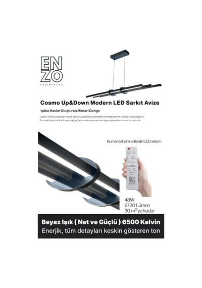 Cosmo Füme Lineer Led Sarkıt Avize Kumandalı Dim Edilebilir Aşağı Işık Beyaz Işık