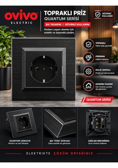 Ovivo Quantum Siyah Topraklı Priz Çerçeve Dahil