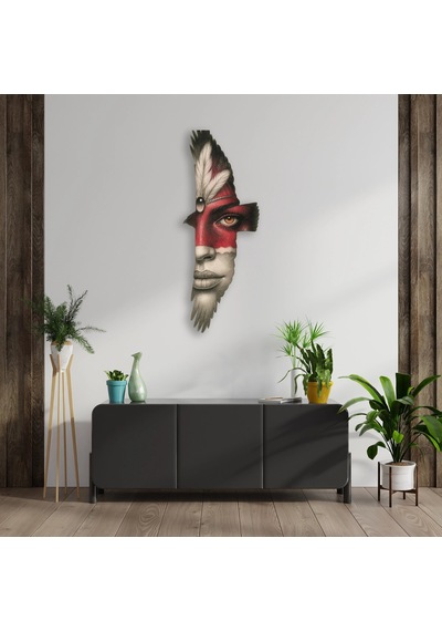 Kızılderili Portre Tüylü - Metal Tablo - Dec0165 35 X 90 Cm Çok Renkli