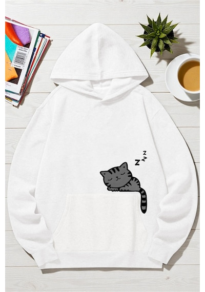 Uyguntarz Unisex Uyuyan Kedi Baskılı Kapüşonlu Sweatshirt beyaz