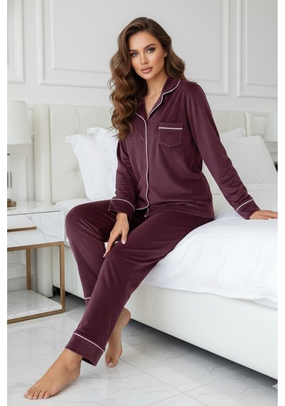 Kadın Kadife Boydan Düğmeli Şerit Detaylı 2'li Pijama Takım MÜRDÜM