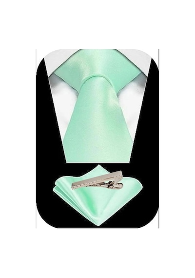 Tezzgelsin Erkek Saten Kravat Mendil Ve Silver Çelik Kravat İğne Set Mint Yeşili