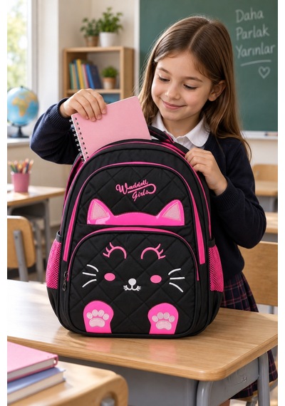 Nakışlı Kedi Siyah Pembe İlkokul Çantası Suya Dayanıklı Ortopedik Sırt Çantası 40x30x18 Cm Çok Renkli