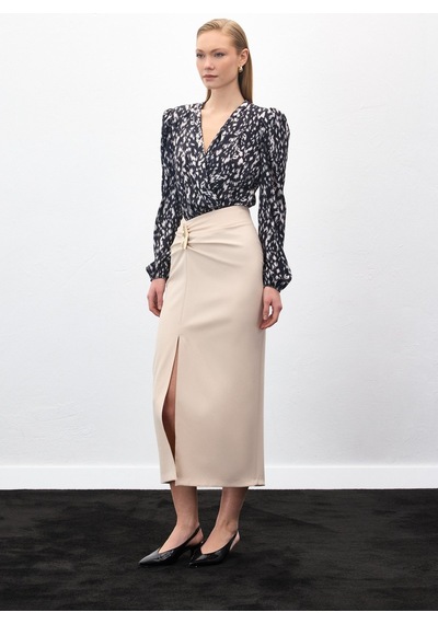 Sateen Gold Yan Aksesuarlı Etek - Bej-136885 Bej