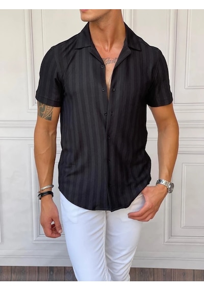 Modefendi Dikey Desen Detaylı Normal Slim Fit Pamuklu Gömlek Siyah