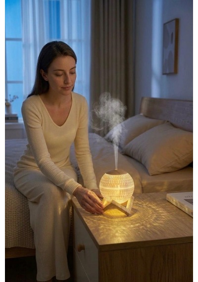 Ahşap Standlı Led Işıklı Aroma Difüzörü Ultrasonik Nemlendirici & Gece Lambası