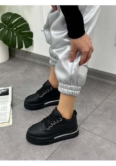 Erva'nın Butiği Siyah Cilt Miles Taş Detay Yüksek Taban Bağcıklı Sneakers-5636
