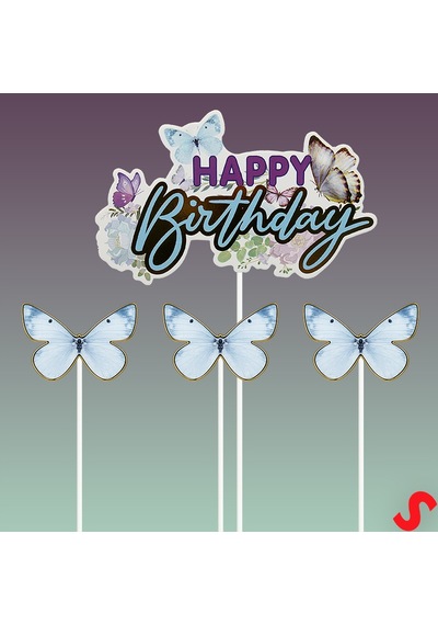 Kelebekli Happy Birthday Pasta Süsü 4 Lü Set - Mavi