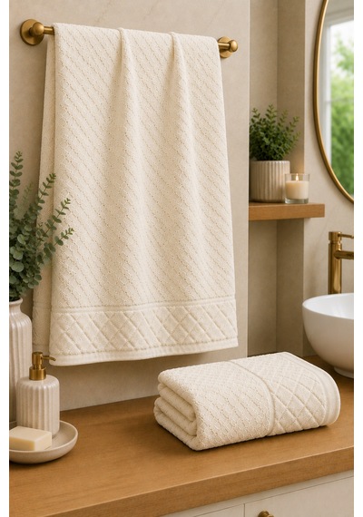 Kristal 2 Li Banyo Havlu Seti 50 90 Baş Havlusu + 90 150 Banyo Havlusu - Ekru