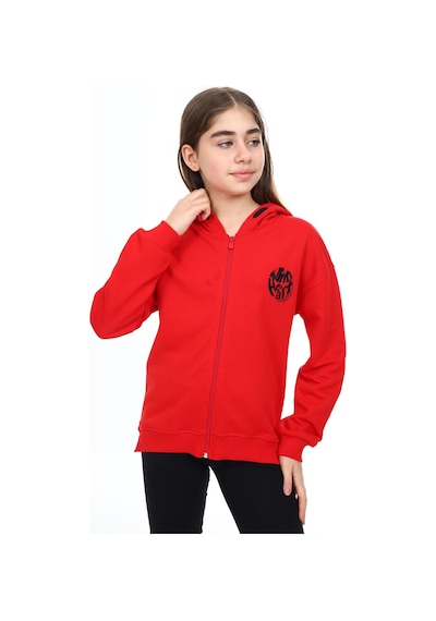 Toontoy Kız Çocuk Kapüşonlu Fermuarlı Düşük Omuz Nakış Baskılı Yırtmaç Detaylı Örme Hırka - 3 İplik Şardonsuz Kırmızı